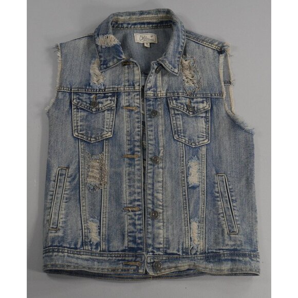 Trucker Denim Punk Vest Distressed w Chains ChiQle Denim Architect Womens Medium - Picture 4 of 9